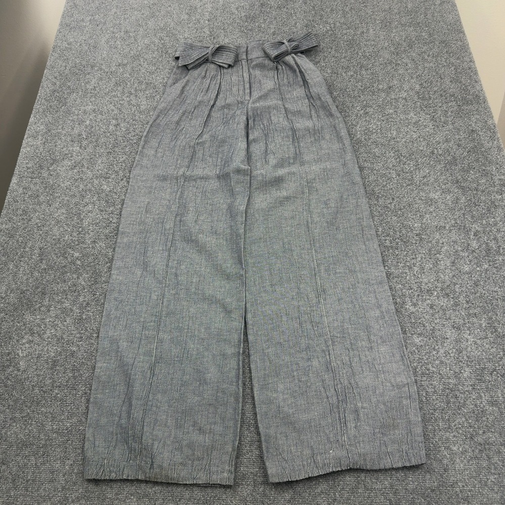 Milly Pants Womens 2 Blue Linen Cotton Blend Bow Detail Wide Leg High Rise Chic